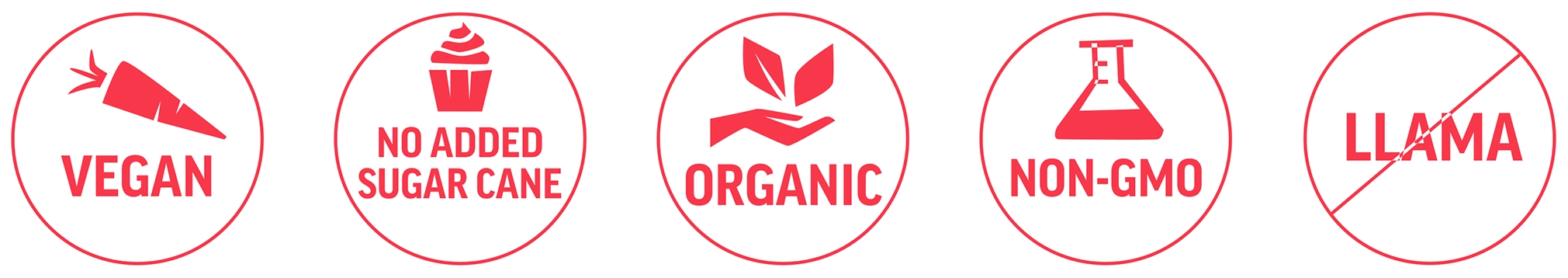Five red icons: vegan, no added sugar cane, organic, non-GMO, no llama.