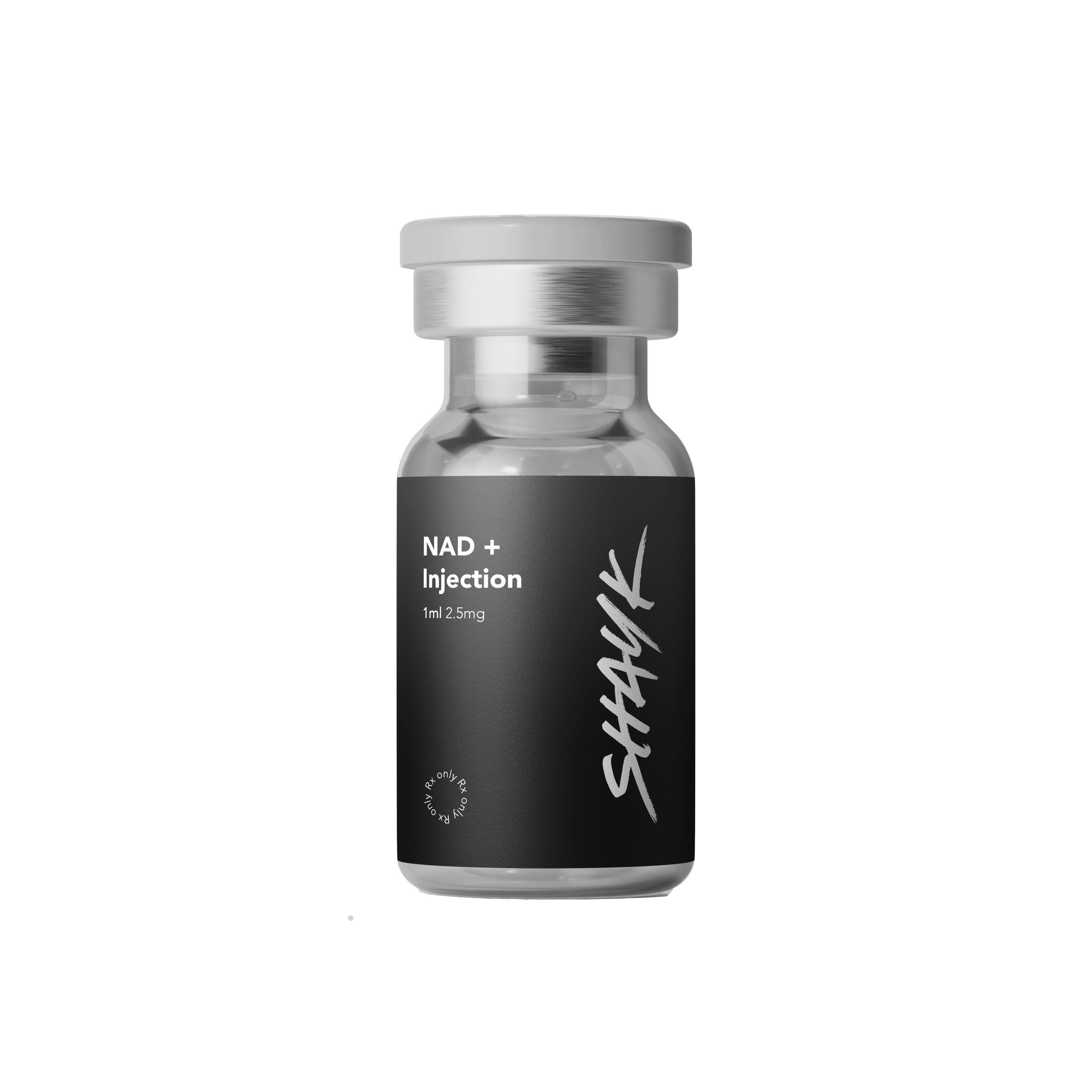 Small vial labeled 'NAD+ Injection' with a black cap and label.