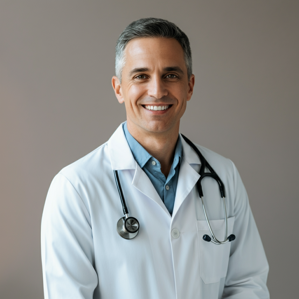 Smiling doctor in a white coat with a stethoscope.