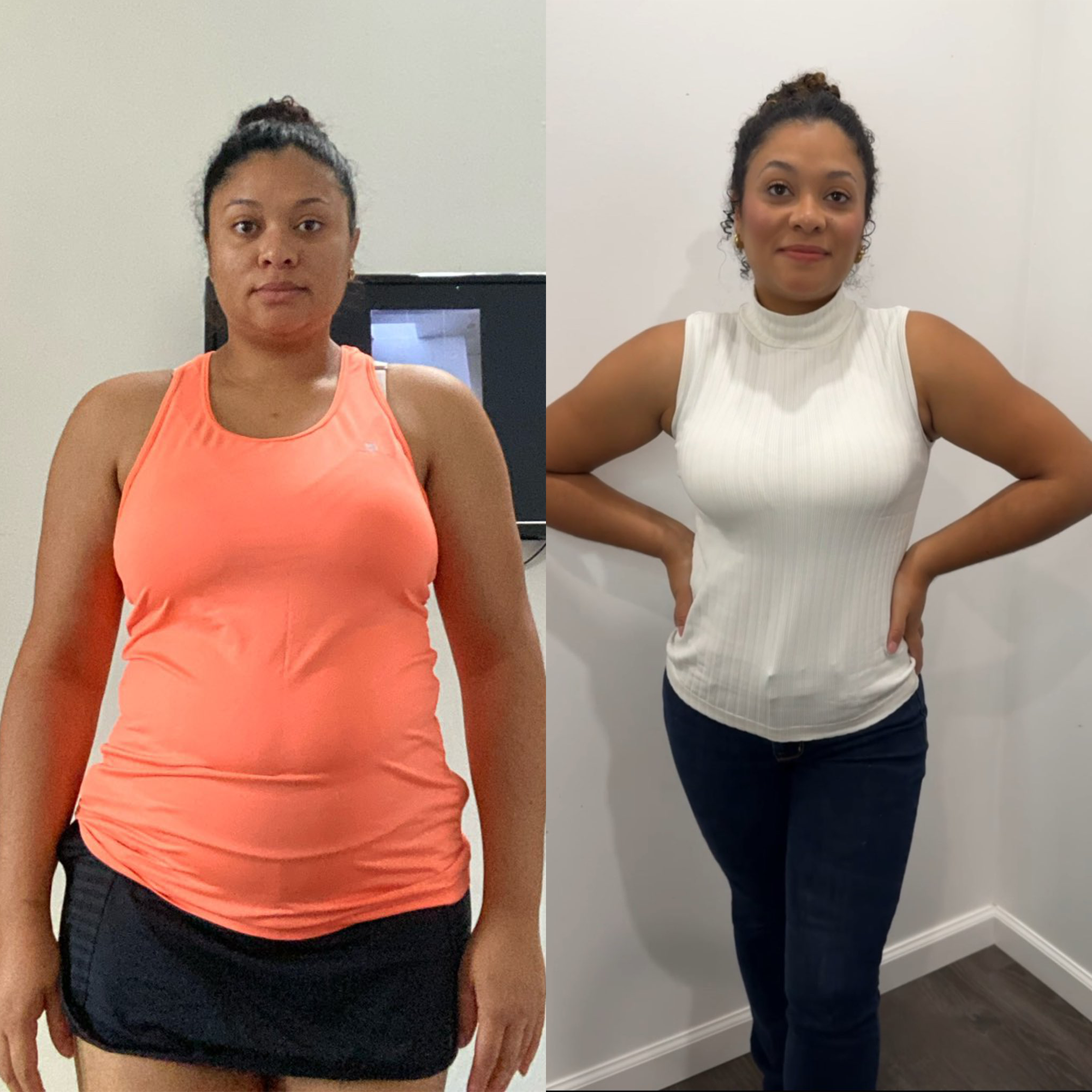 Two side-by-side images of a woman in different outfits, one in sportswear and one in casual attire.