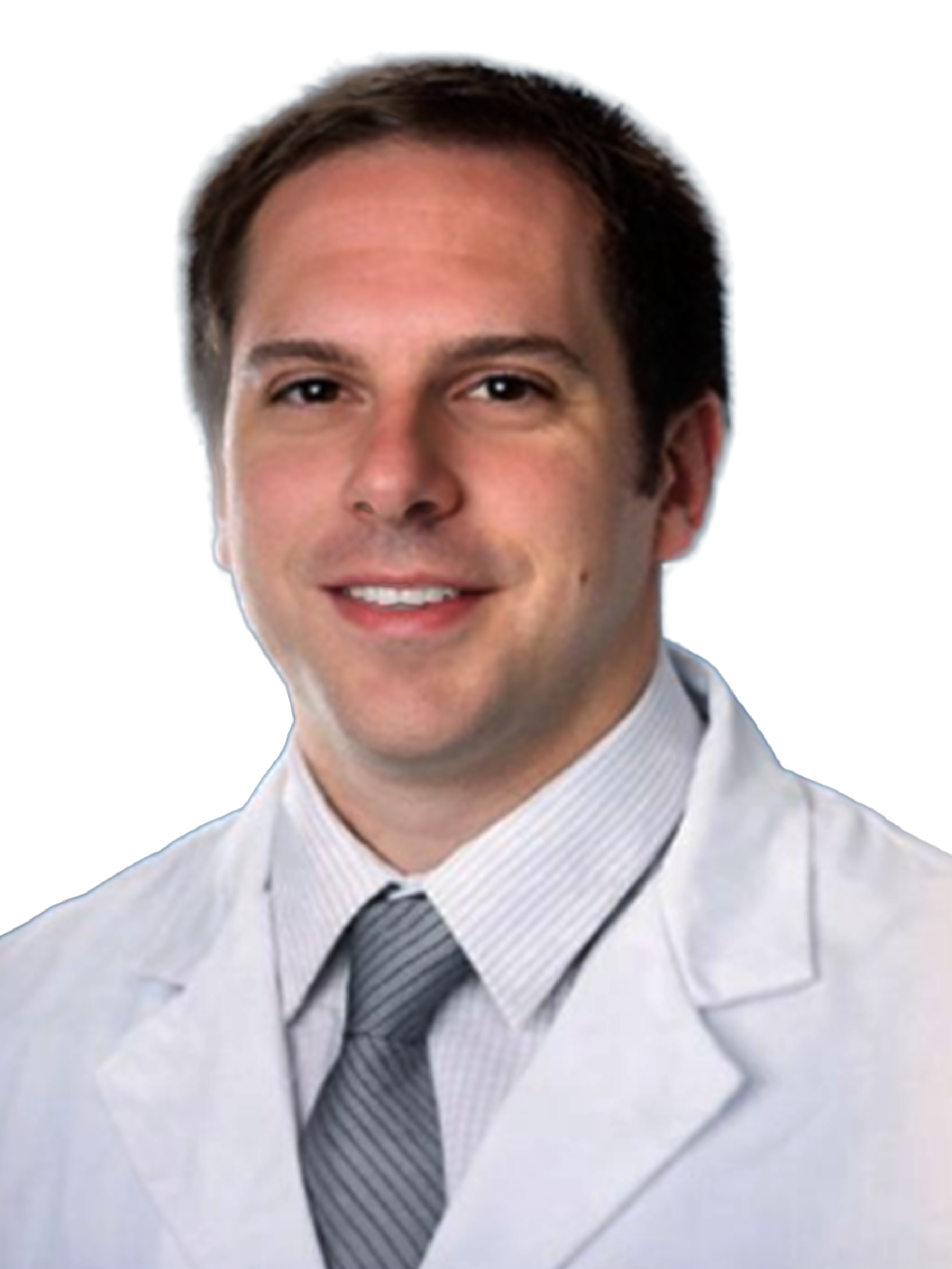 A headshot of a smiling man in a white lab coat, collared shirt, and tie against a white background.