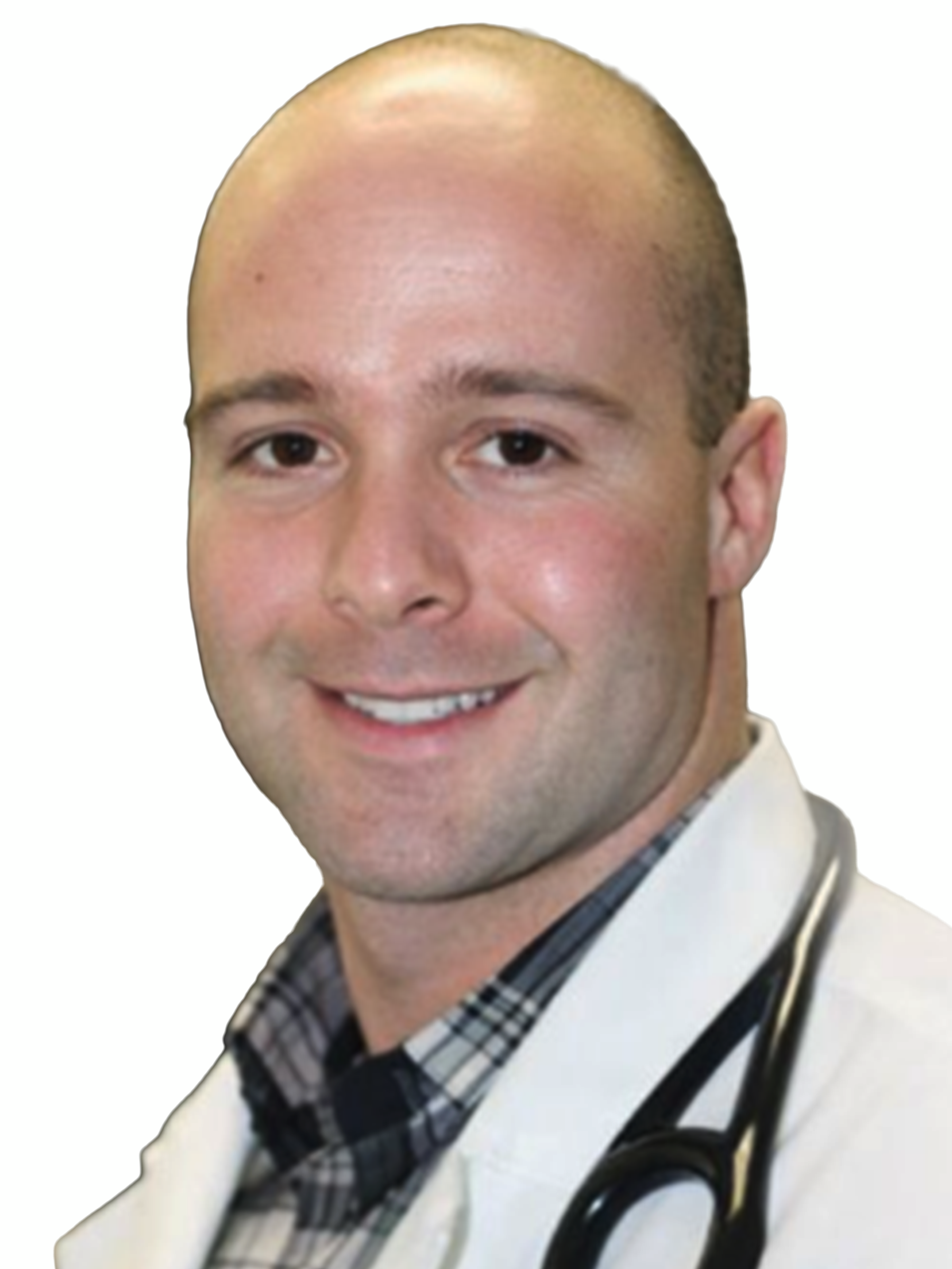 A smiling, bald man wearing a plaid shirt, white coat, and a stethoscope around his neck.