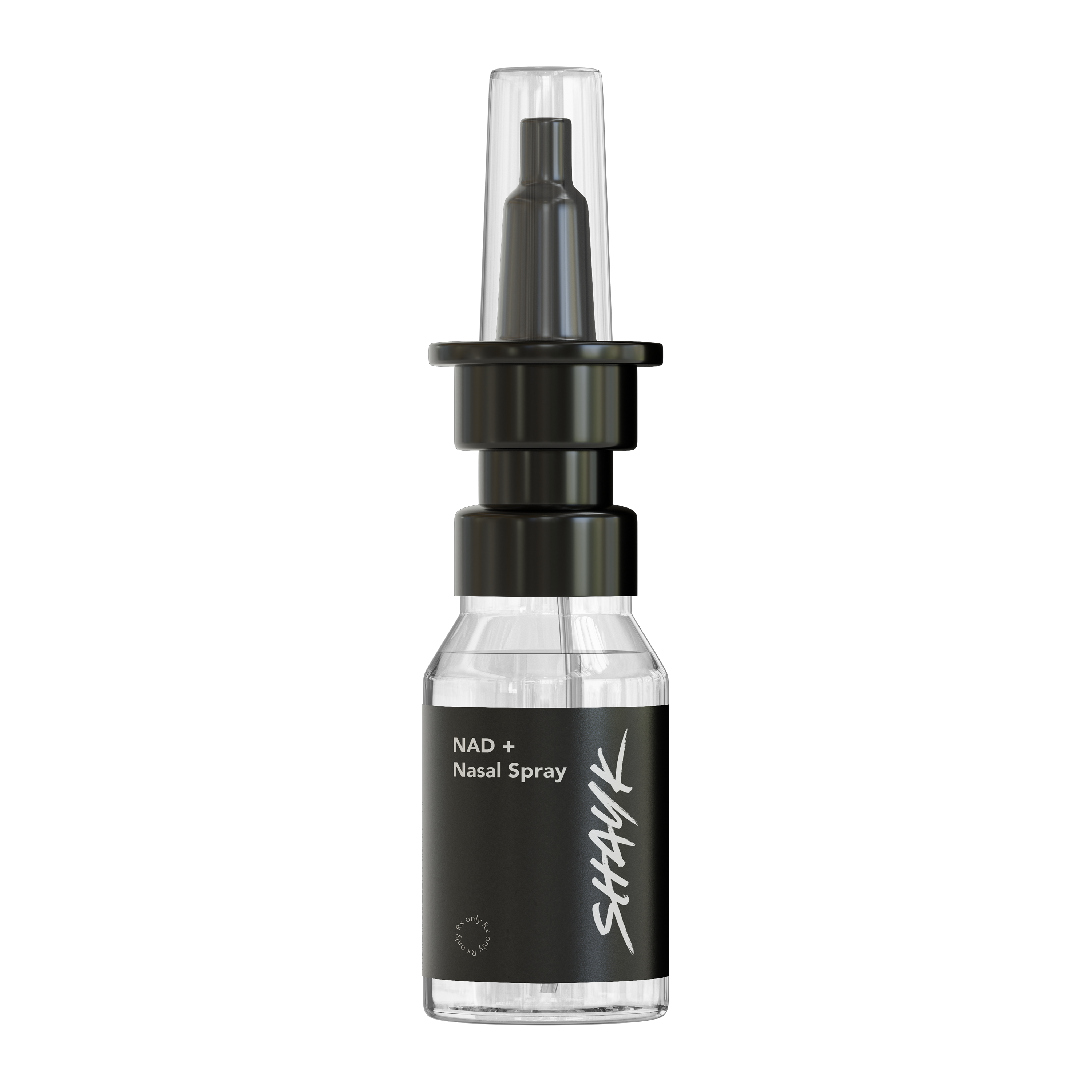 Clear nasal spray bottle with a black label and cap on a green background.