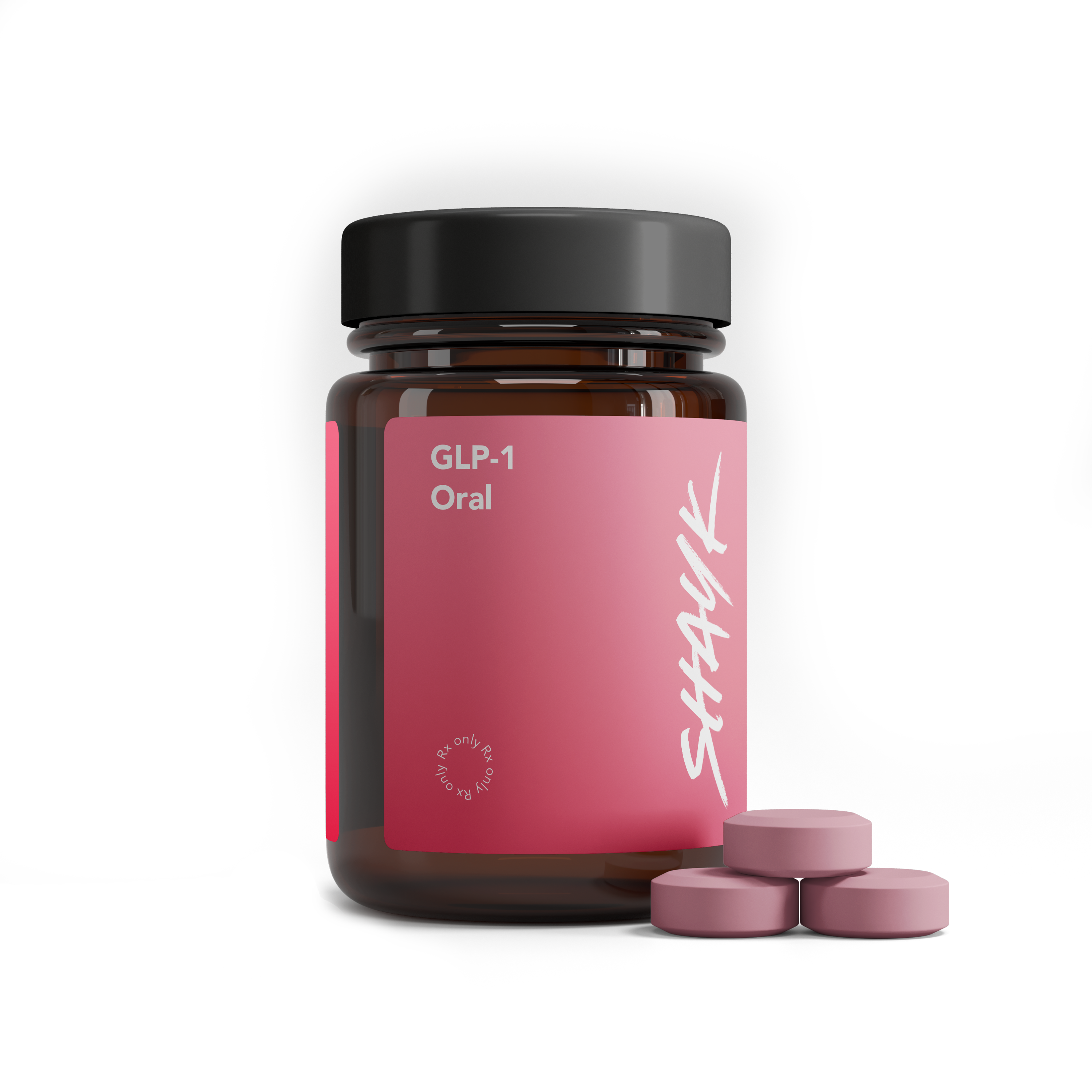 A brown bottle of GLP-1 Oral pills with a pink label, next to three pink pills.