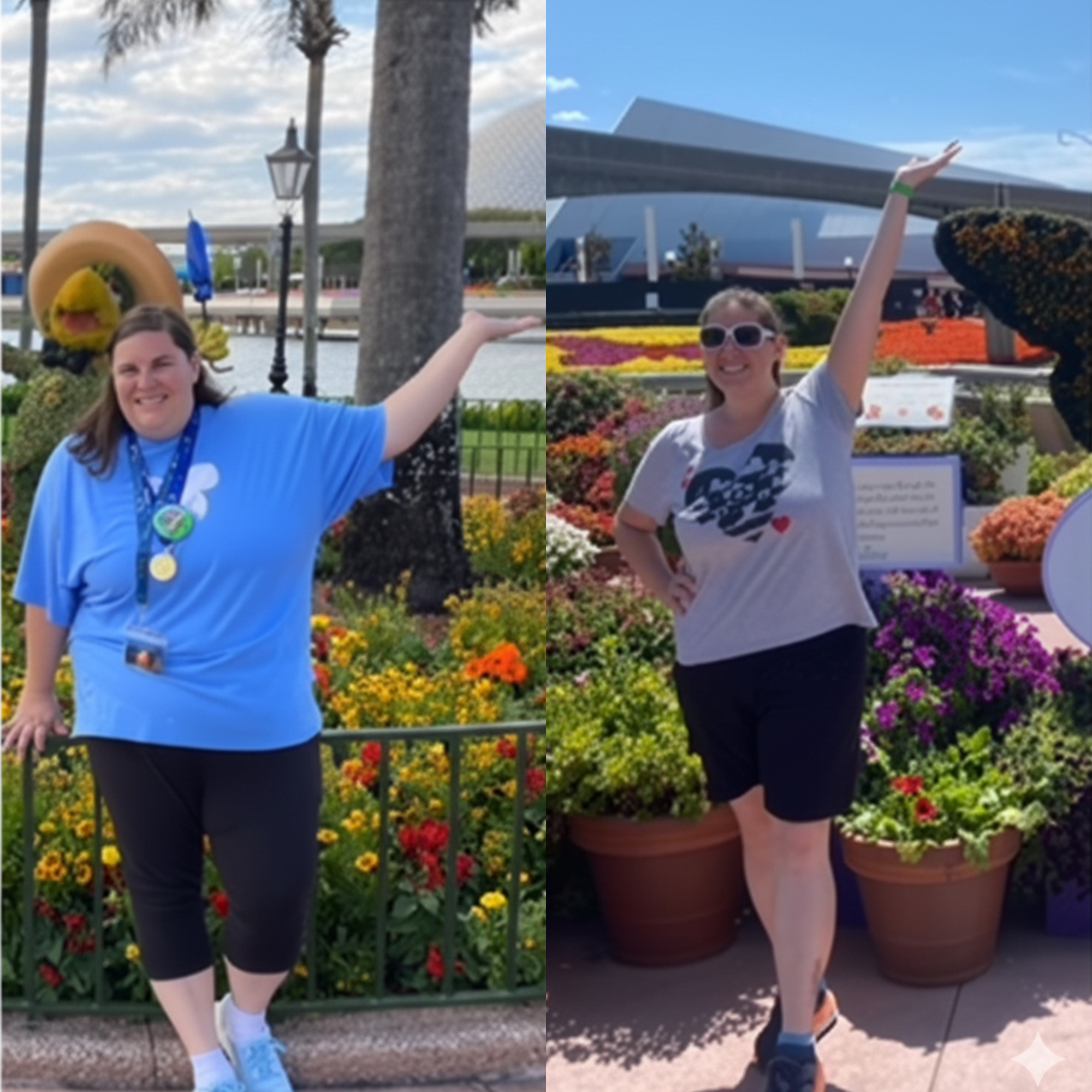 Two women posing in a colorful garden with topiary displays.