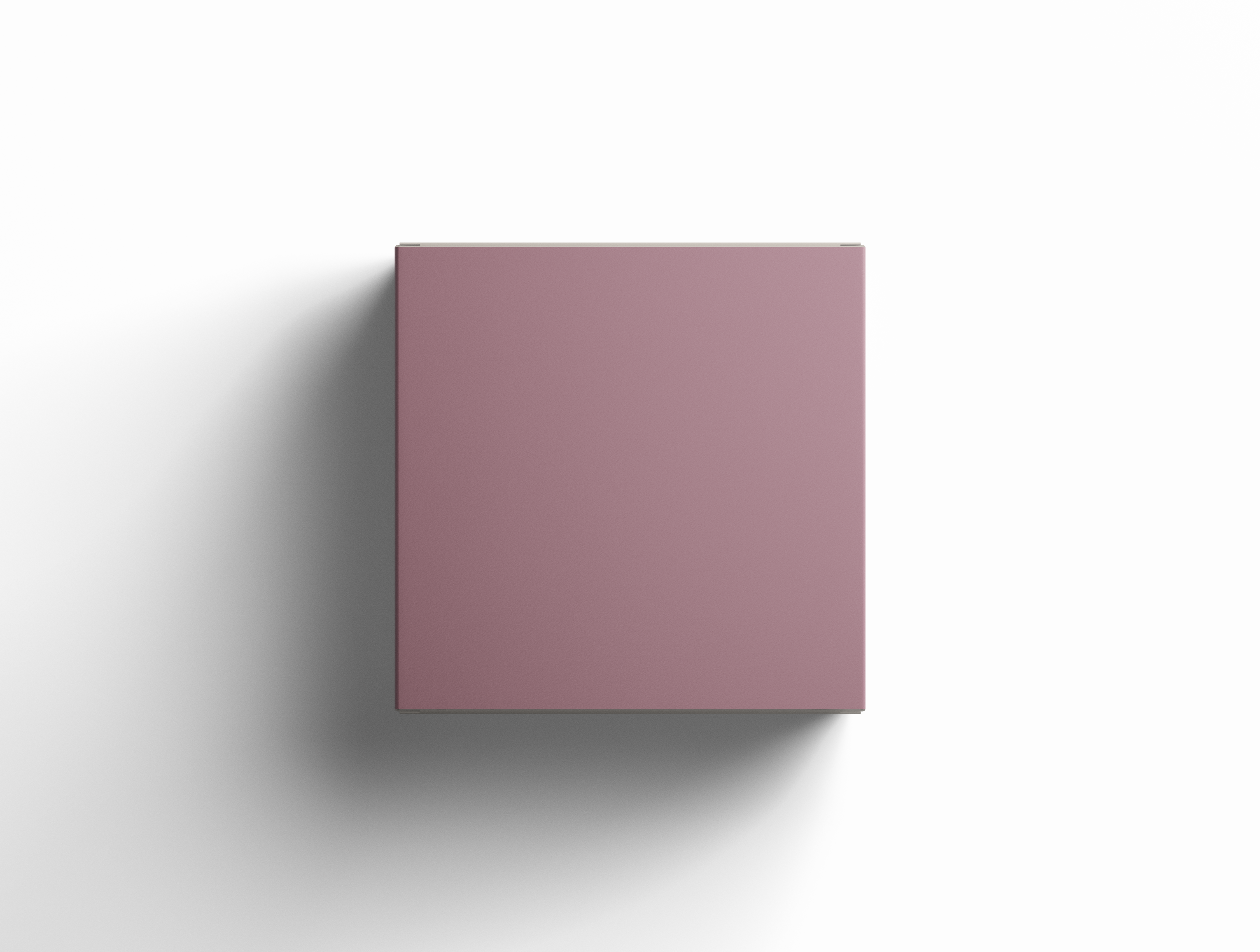 A top-down view of a square, mauve-colored box on a white background casting a soft shadow.