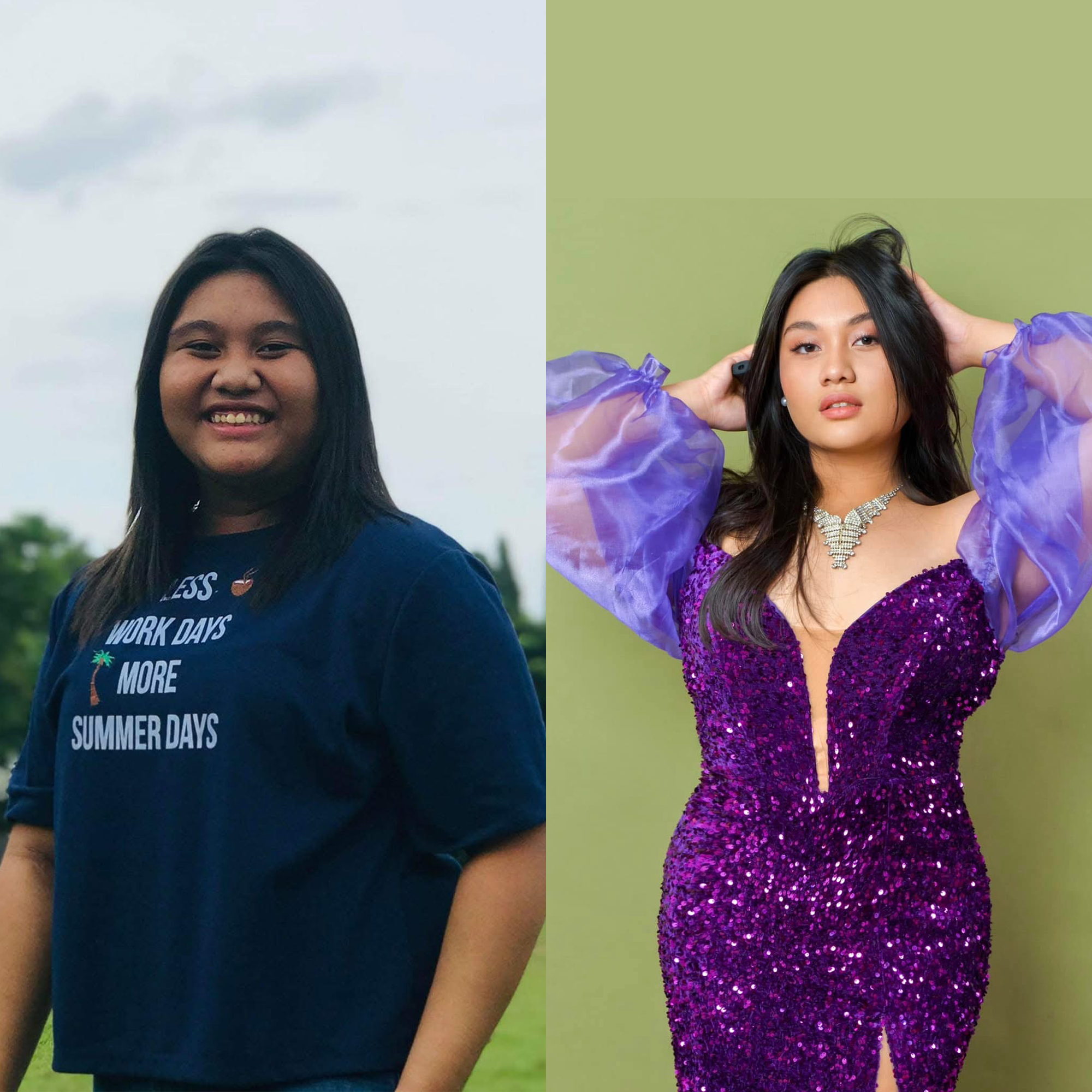 Split image; left person in casual outfit, right person in purple sequin dress.