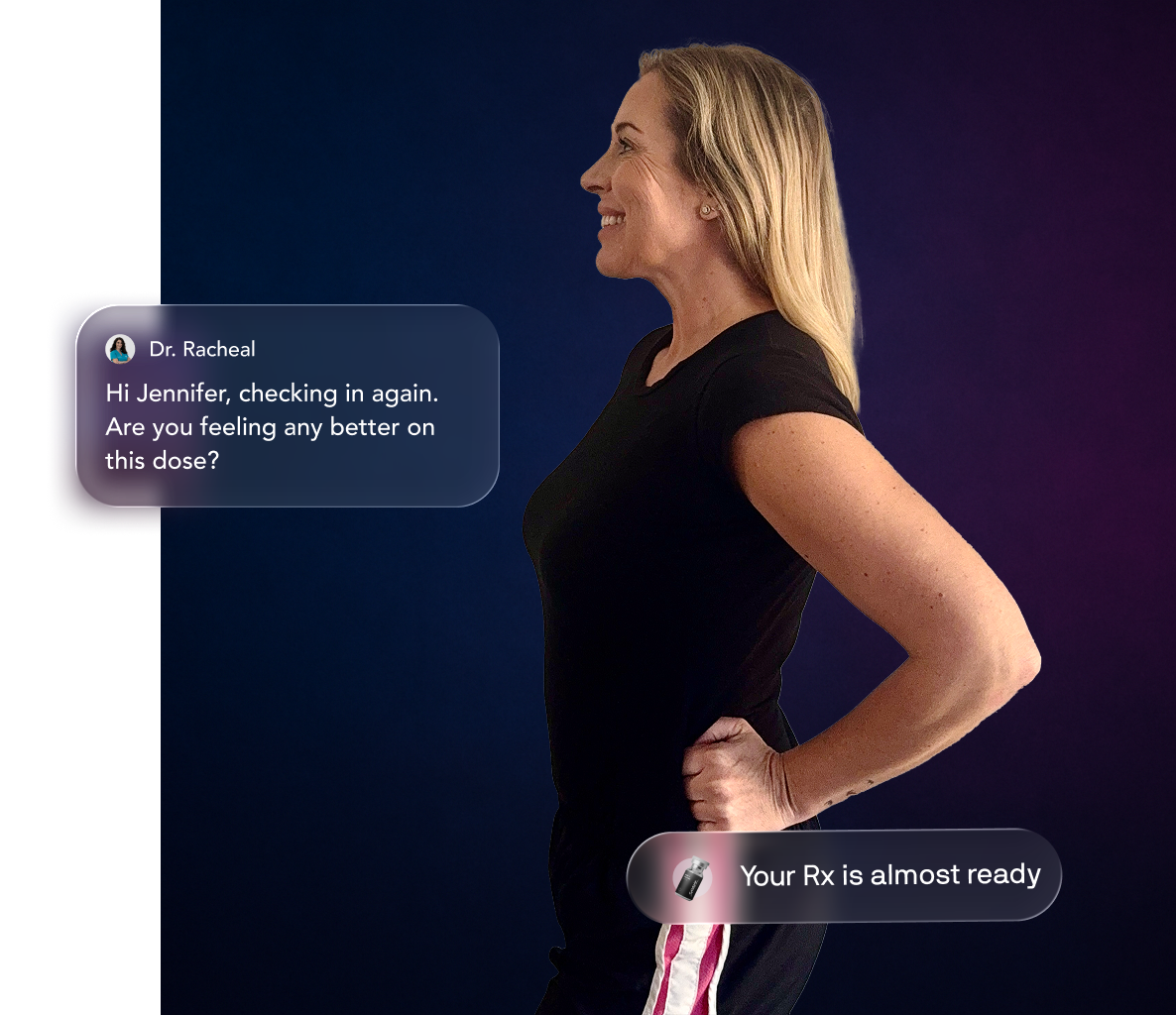 Woman smiling in profile with chat messages overlayed.
