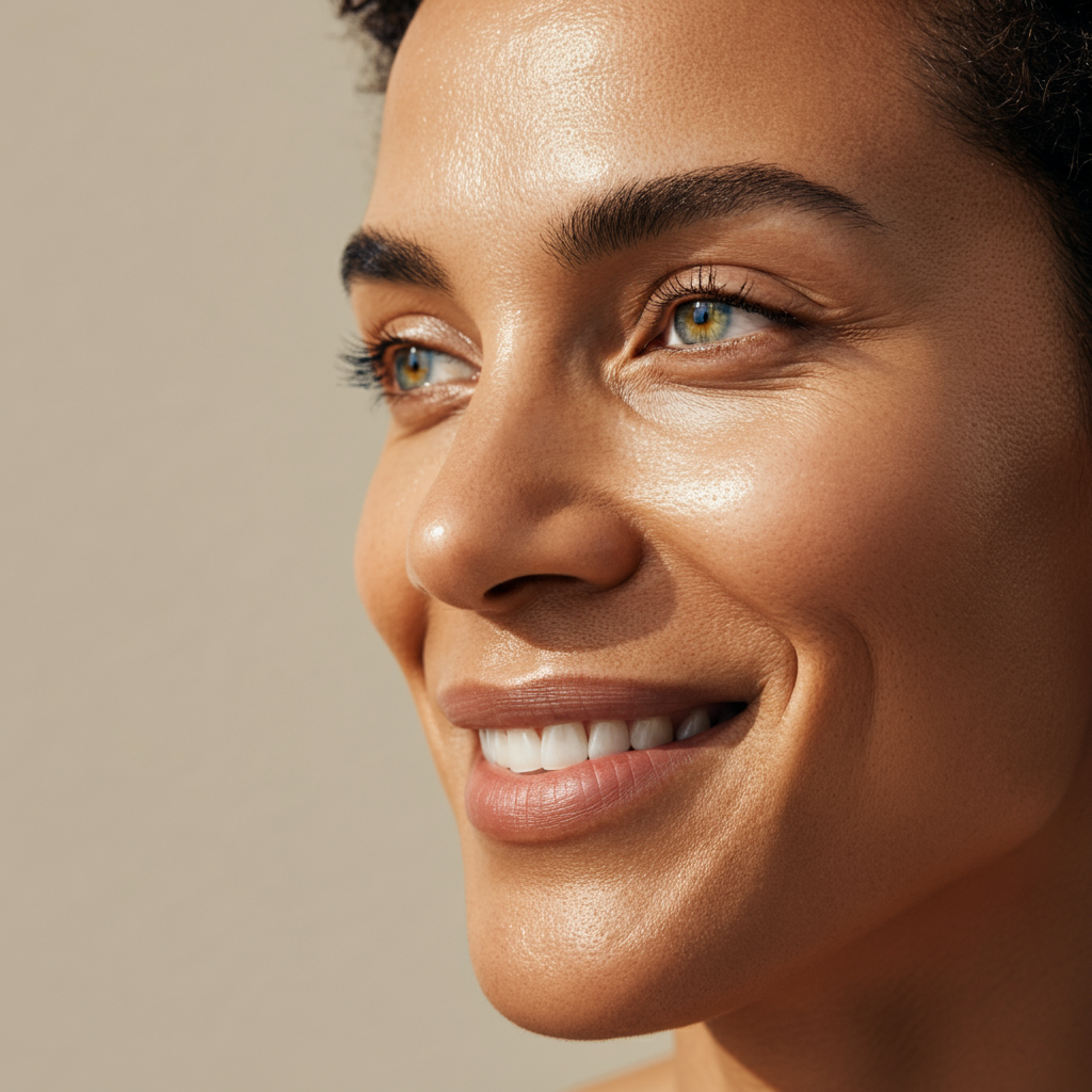 Close-up of a person smiling with clear skin and bright eyes.