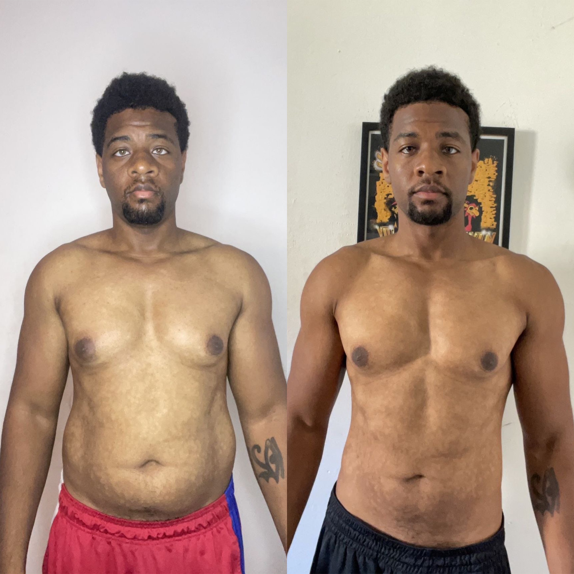 Two side-by-side images showing a shirtless man before and after weight loss.