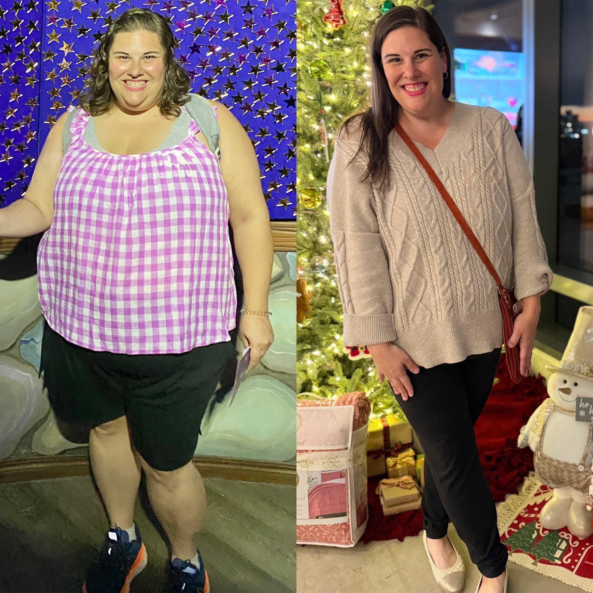 Two side-by-side images of a woman, one in casual clothes, the other in front of a Christmas tree.