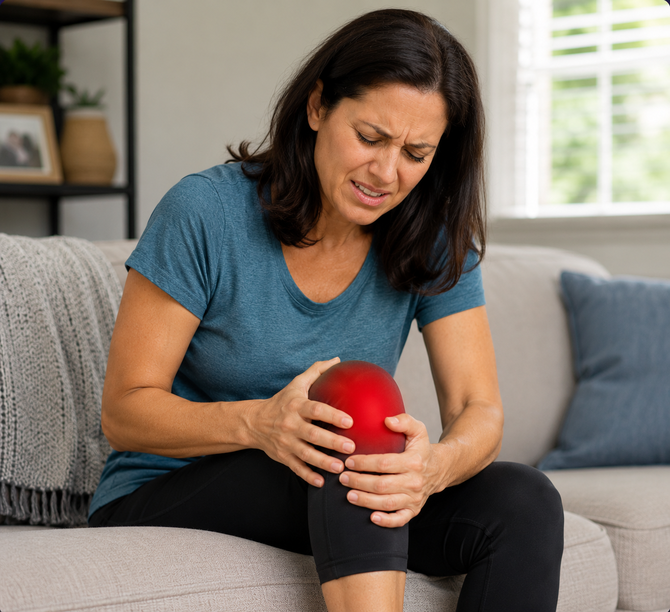 A woman sits on a couch, clutching her knee in pain, which is highlighted with a red glow.