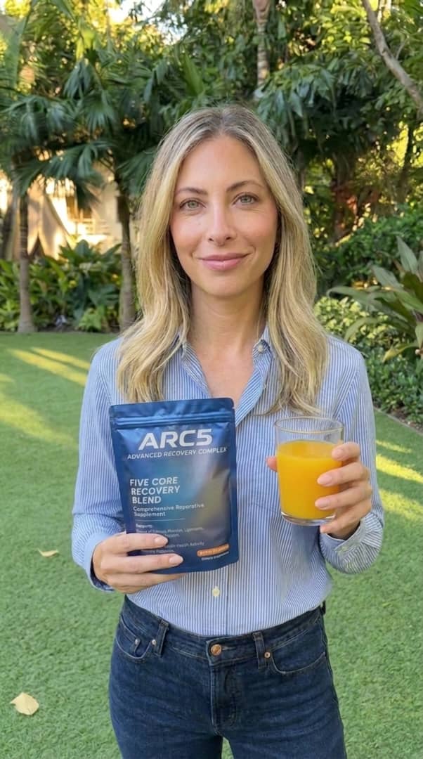 A woman in a striped shirt holds a pouch of ARC5 supplement and a glass of orange juice.