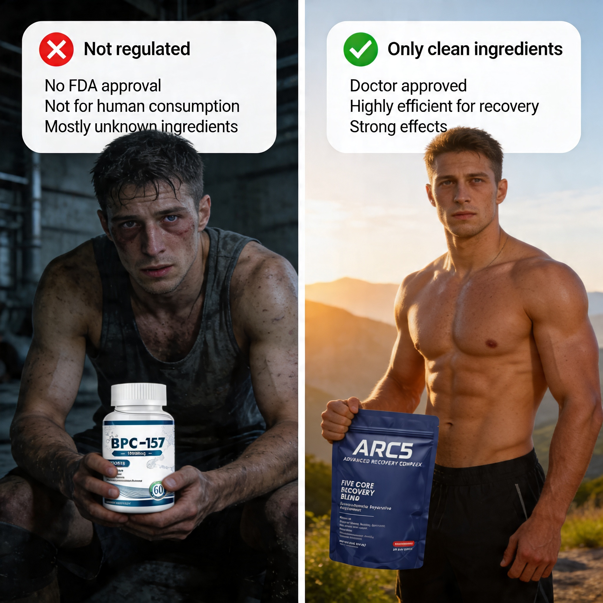 A before-and-after comparison of a man holding two different supplement products, BPC-157 and ARC5.