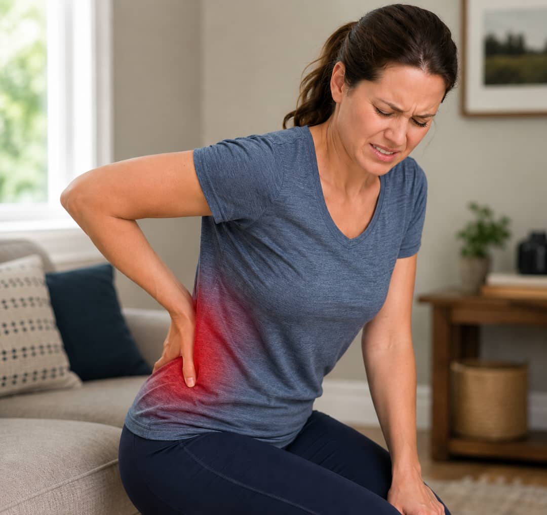 A woman in pain holds her lower back, which is highlighted with a red glow.
