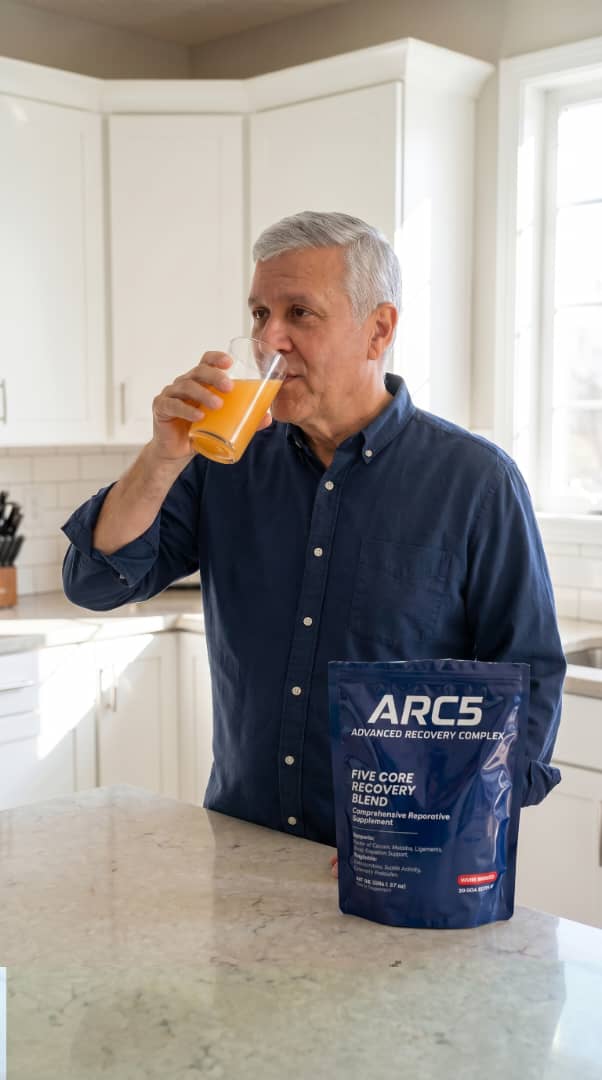 A man in a blue shirt drinks an orange beverage in a kitchen with a supplement pouch on the counter.