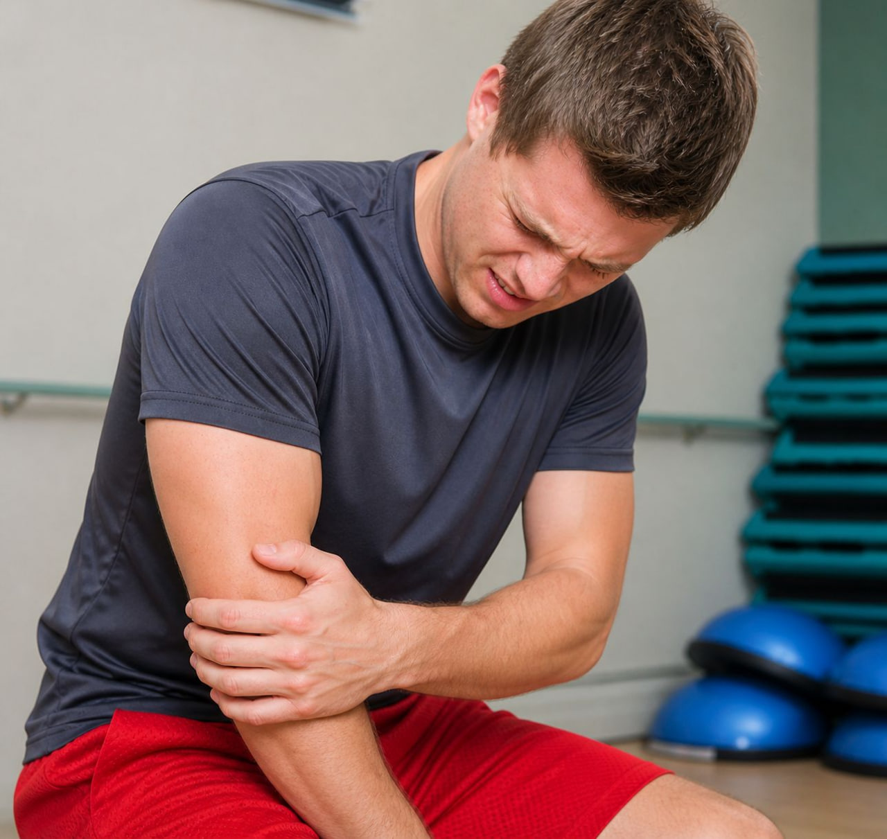 A man in workout clothes sits while holding his elbow, wincing in pain.