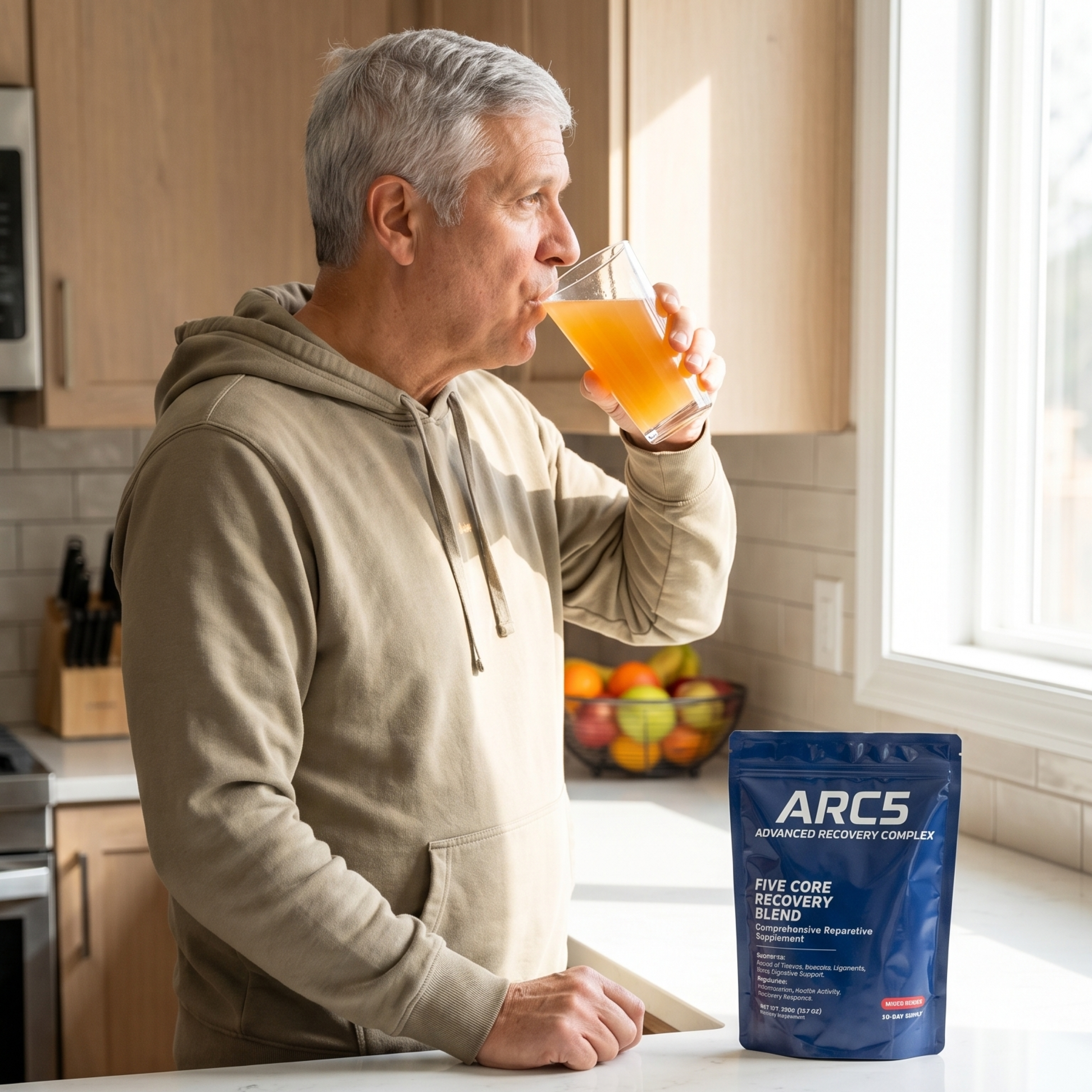 A man in a hoodie drinks a beverage in his kitchen next to a pouch of ARC5 supplement.