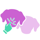 Illustration of a hand touching a purple dog silhouette.
