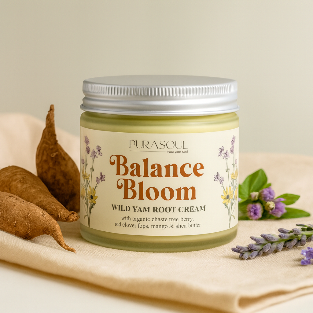 Jar of Balance Bloom Wild Yam Root Cream with flowers and yams.