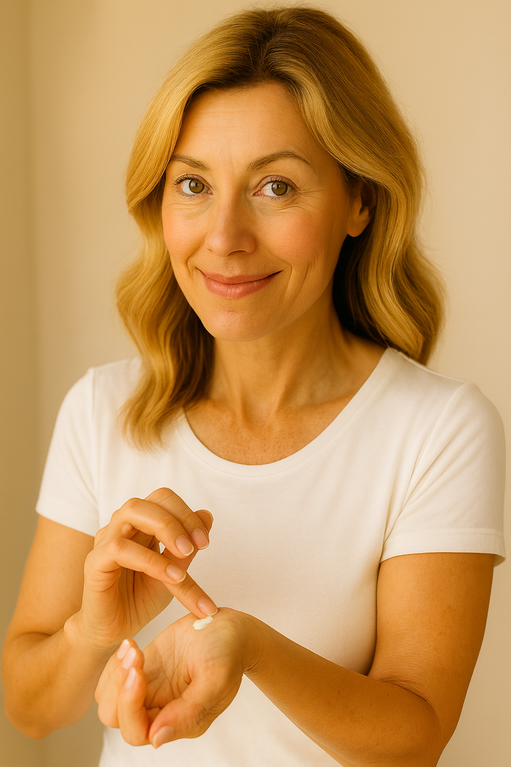 Person in a white shirt applying cream to their hand.