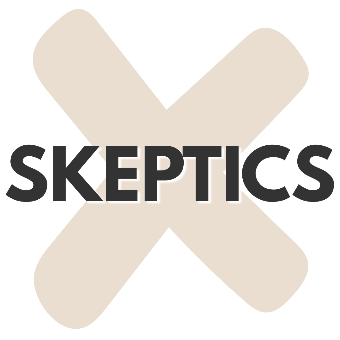 The word 'SKEPTICS' overlaid on a beige cross shape.