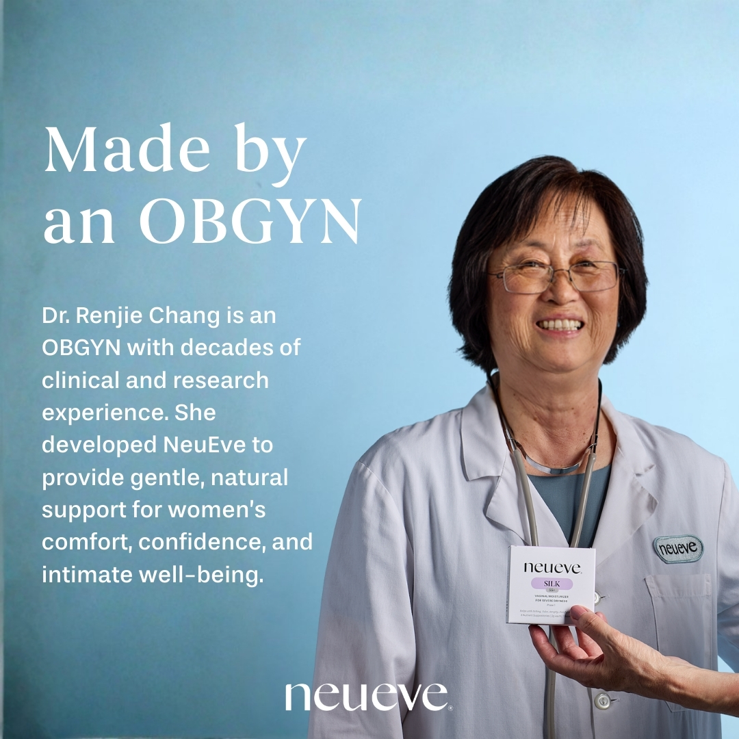 Doctor in white coat holding NeuEve product with text about OBGYN and product benefits.