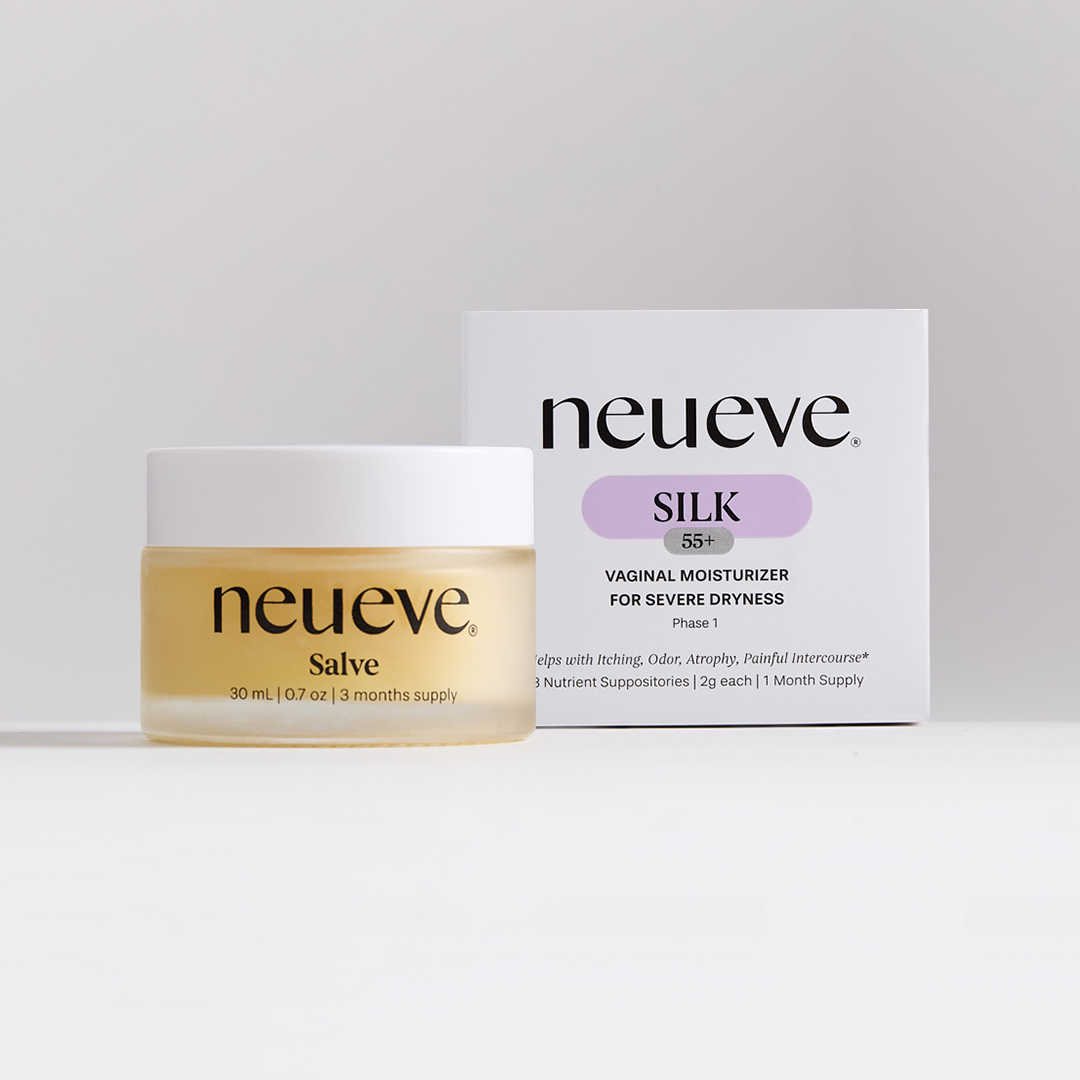 Jar of NeuEve salve and box with product details.