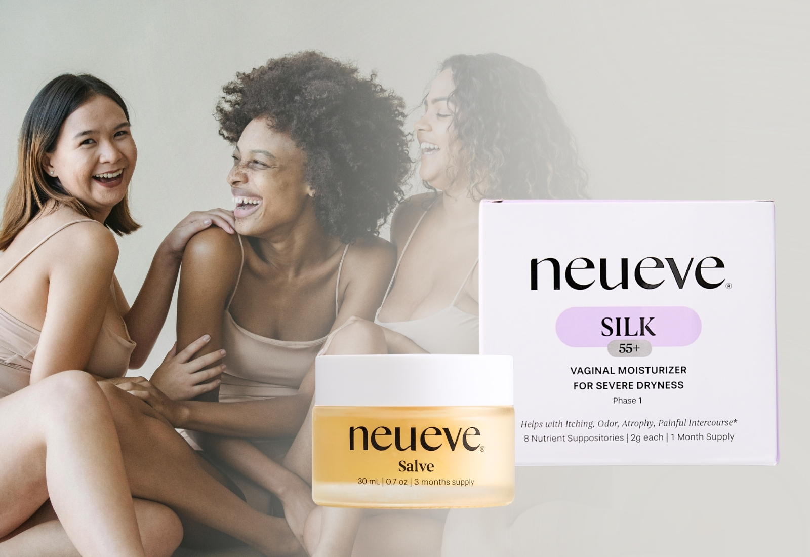 Three women laughing with NeuEve salve and moisturizer package in the foreground.