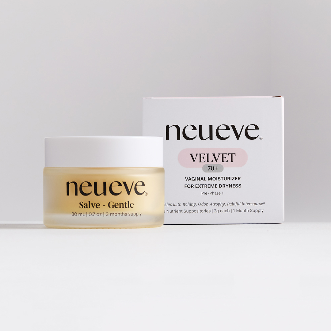 A jar of NeuEve Salve with a box of NeuEve Velvet behind.