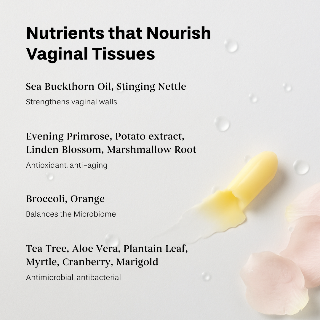 List of nutrients that nourish vaginal tissues with yellow capsule and pink petals.