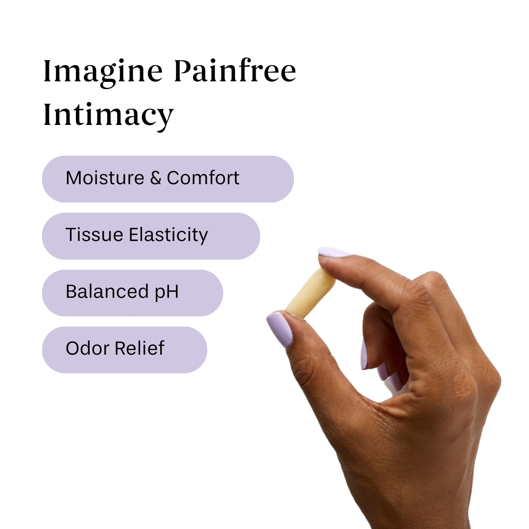 Hand holding a small object with text about comfort and pH balance benefits.