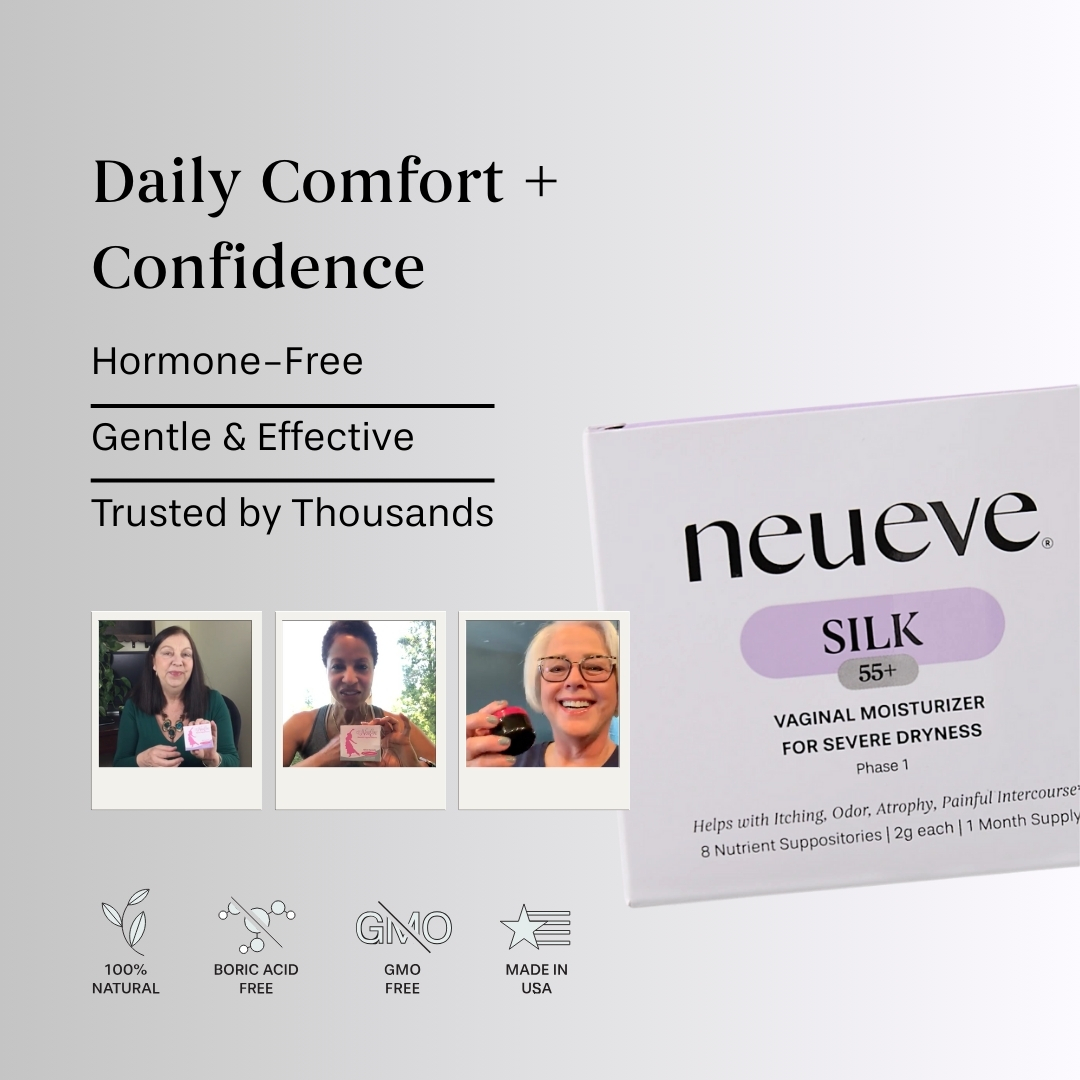 Collage of women holding neuve products with product box and features listed.