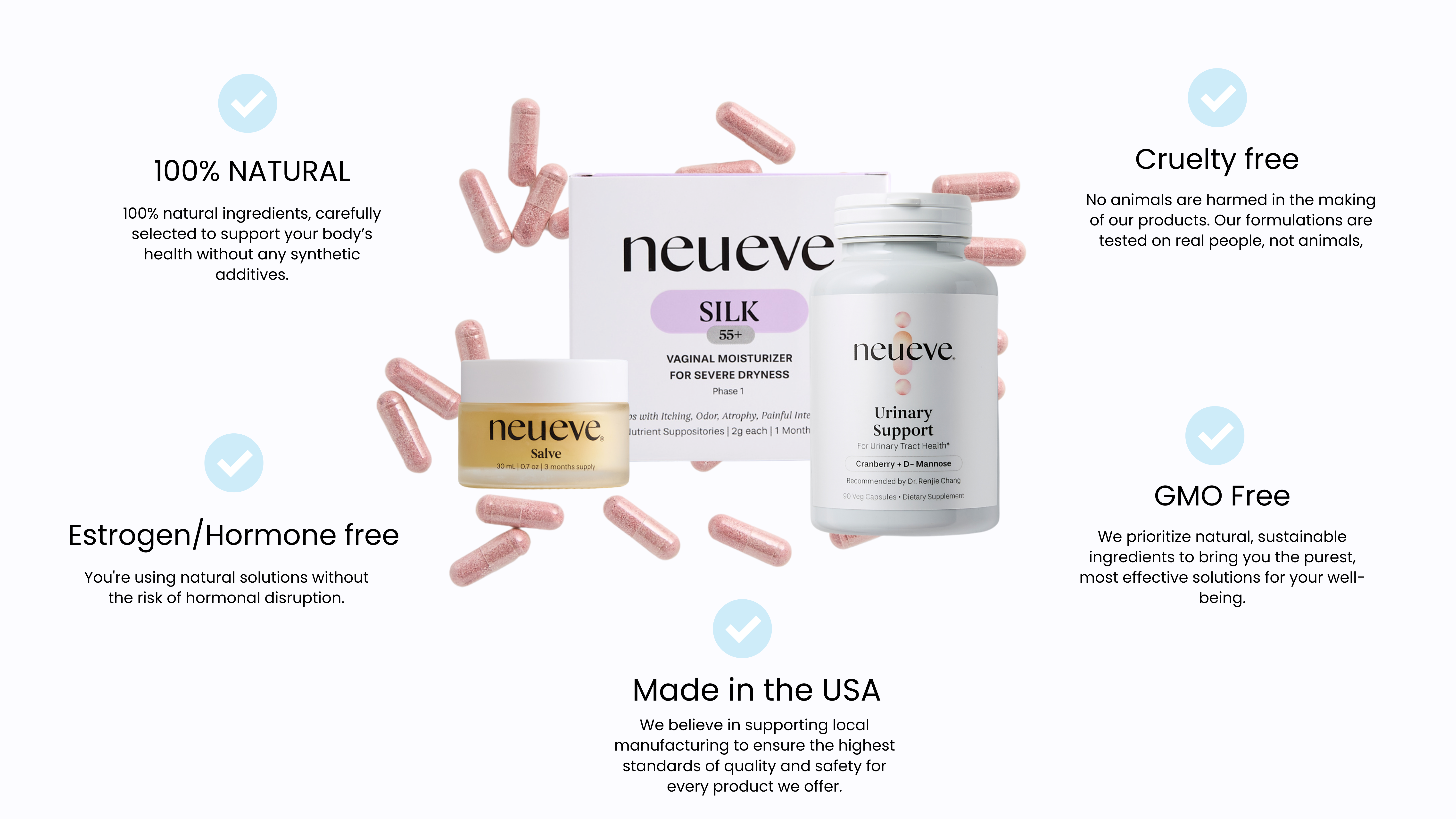 Product packaging with text about natural and cruelty-free benefits, pills scattered around.