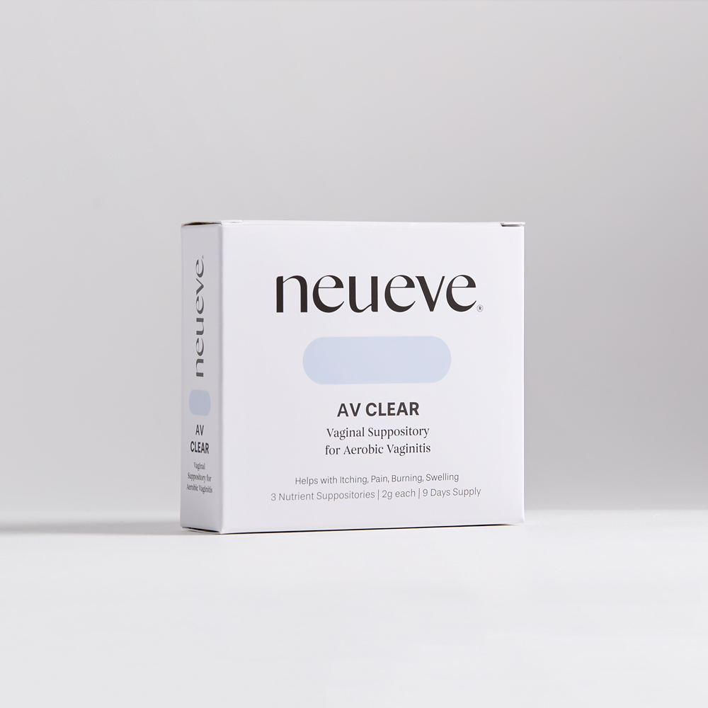 Box labeled 'neueve AV CLEAR' vaginal suppository product.