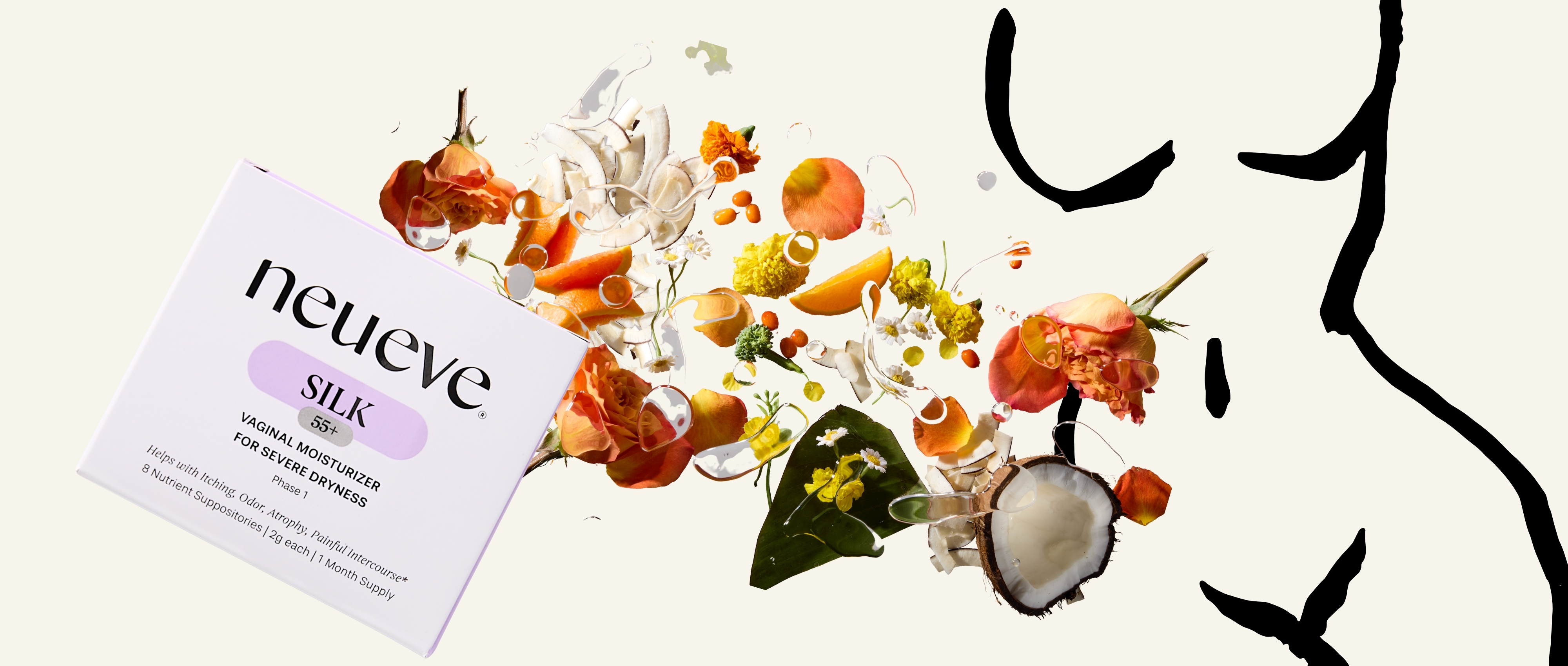 Box of vaginal moisturizer with flowers and abstract black lines.