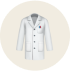 Illustration of a white lab coat with buttons and a small emblem.