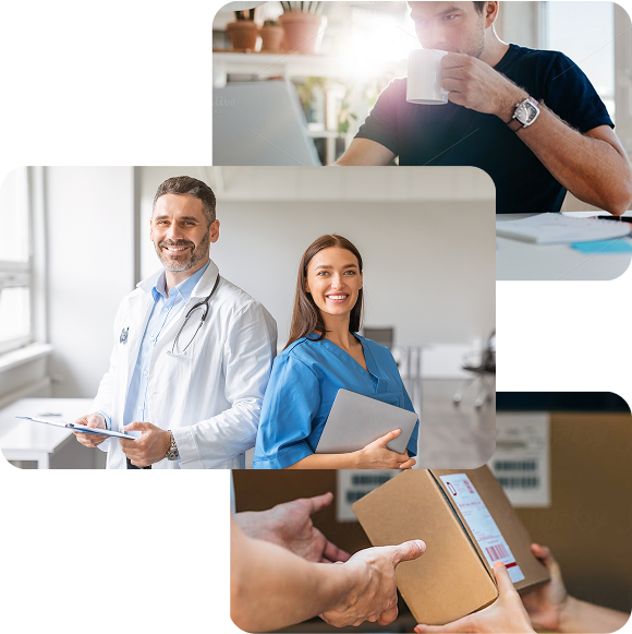 Collage of a doctor, nurse, person drinking coffee, and hands holding a package.