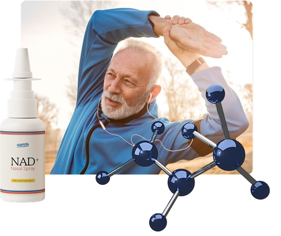 Elderly man stretching outdoors with NAD+ nasal spray and molecular structure illustration.