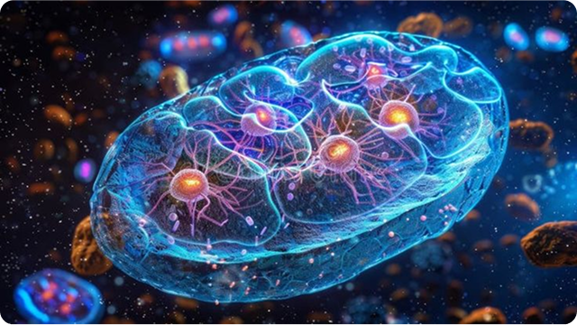 Illustration of a glowing, detailed mitochondrion with vibrant colors and intricate structures.