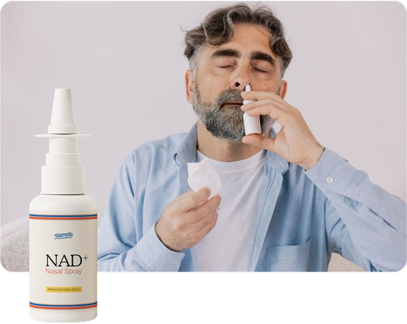Man using nasal spray with a bottle labeled 'NAD+ Nasal Spray' beside him.