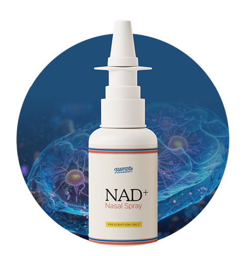 NAD+ nasal spray bottle with a blue cellular background.