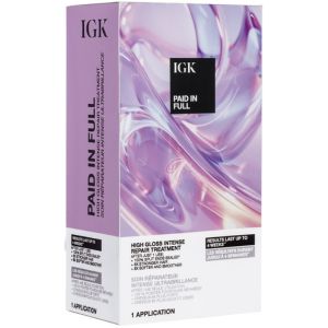 A purple and white box for IGK Paid In Full High Gloss Intense Repair Treatment.