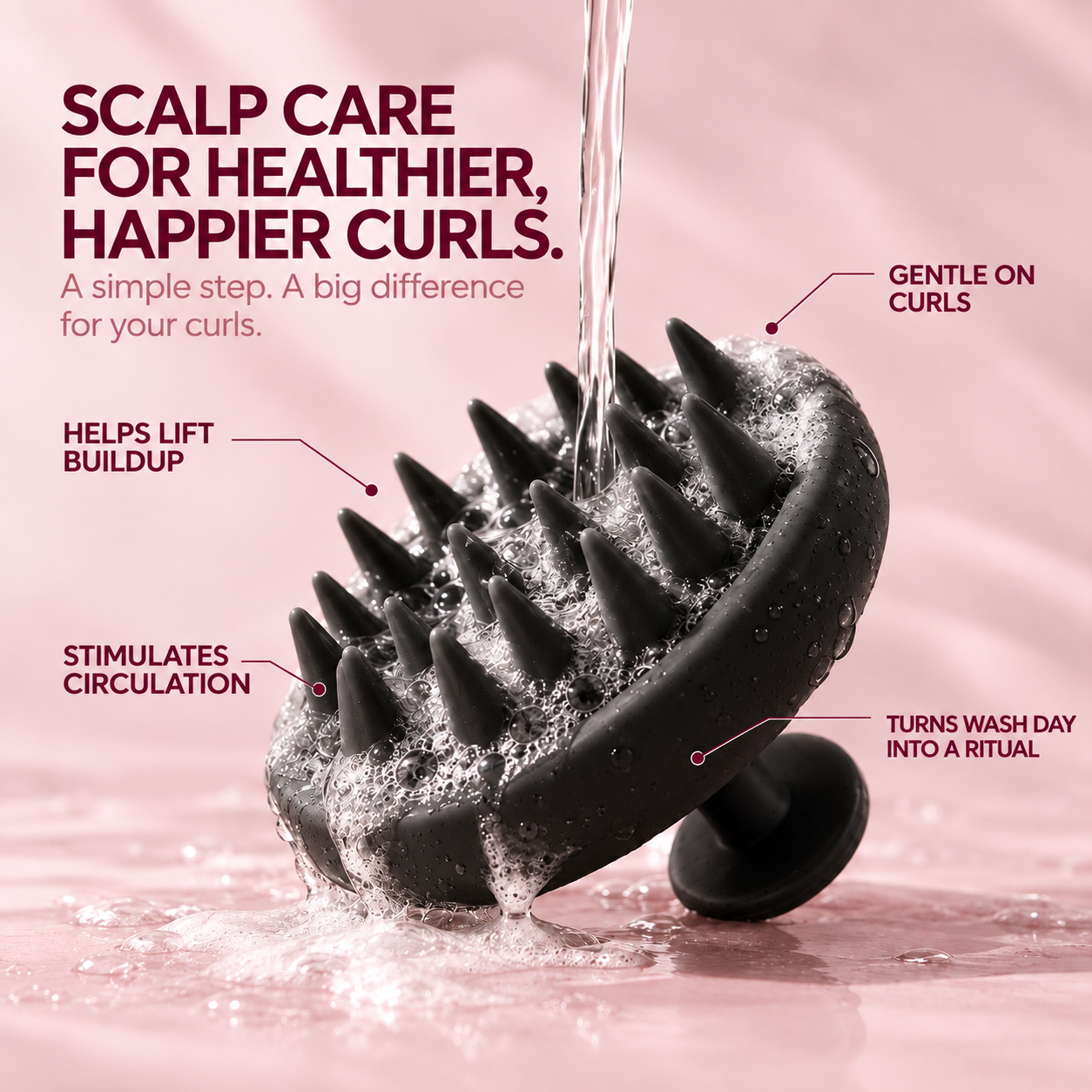 An advertisement image of a black scalp massager with suds under running water, showing its benefits.