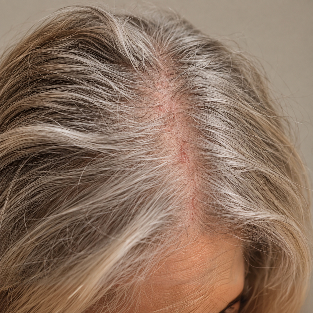 A close-up view of a person's scalp, showing gray hair roots and a center parting.