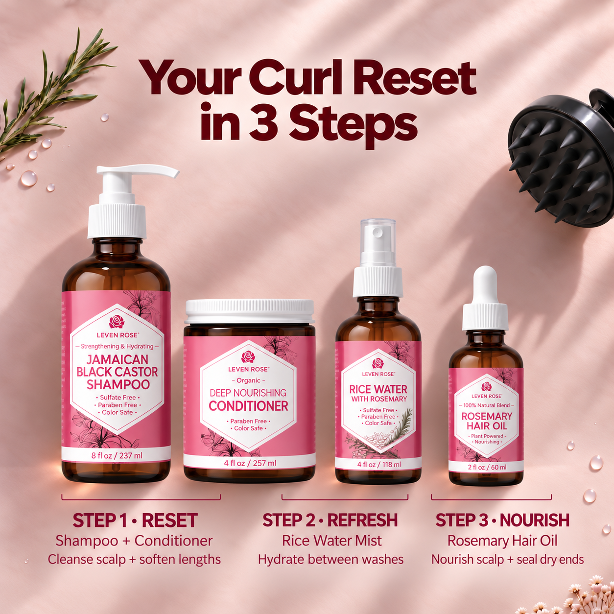 A graphic showing the Leven Rose 'Curl Reset in 3 Steps' with shampoo, conditioner, mist, and oil.