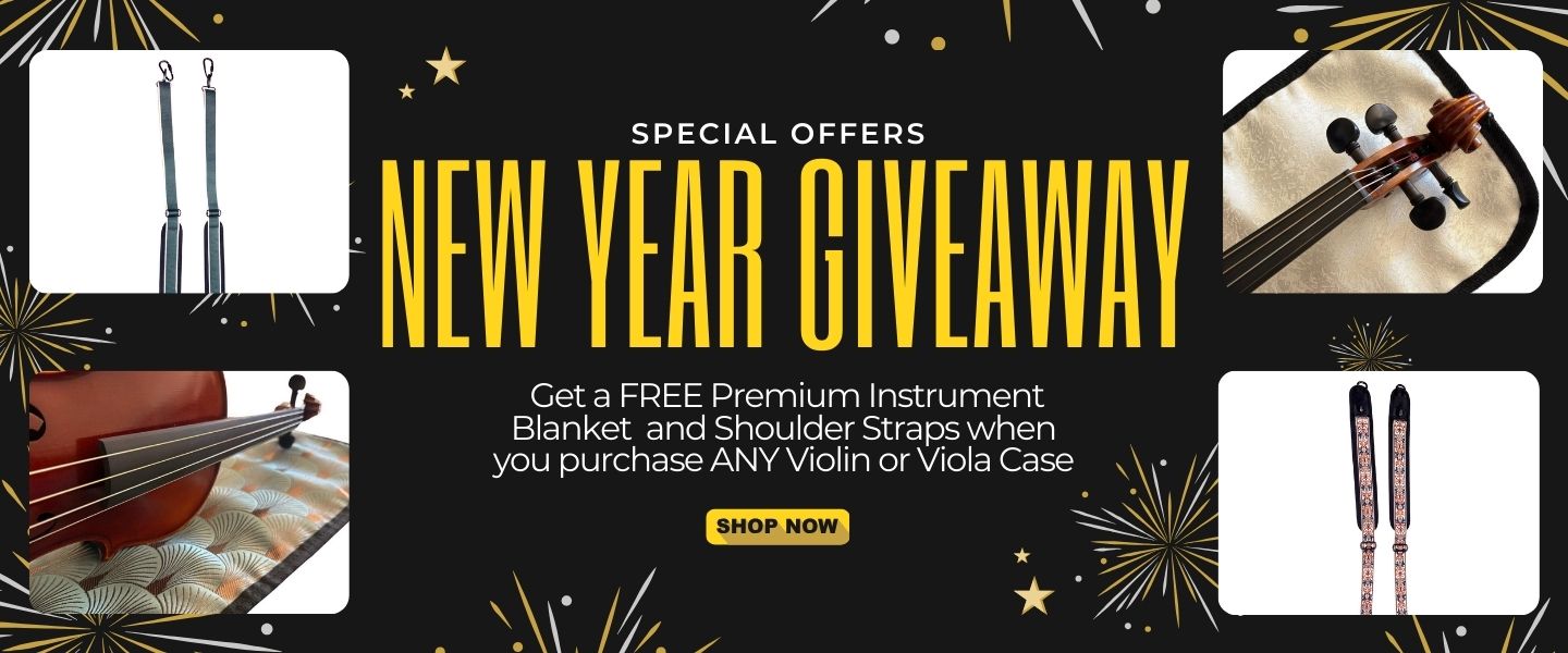 Black banner with violin images, fireworks, and 'New Year Giveaway' text.