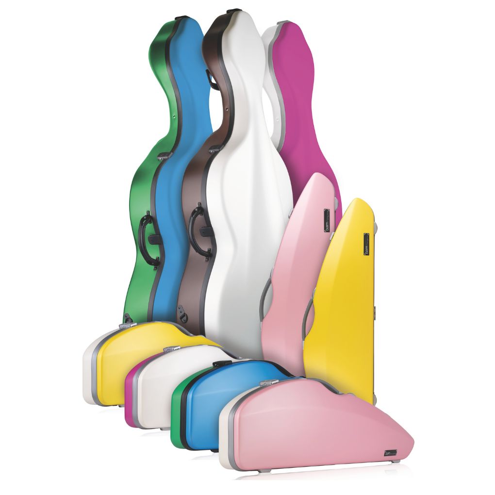 Colorful cello and violin cases arranged in rows.