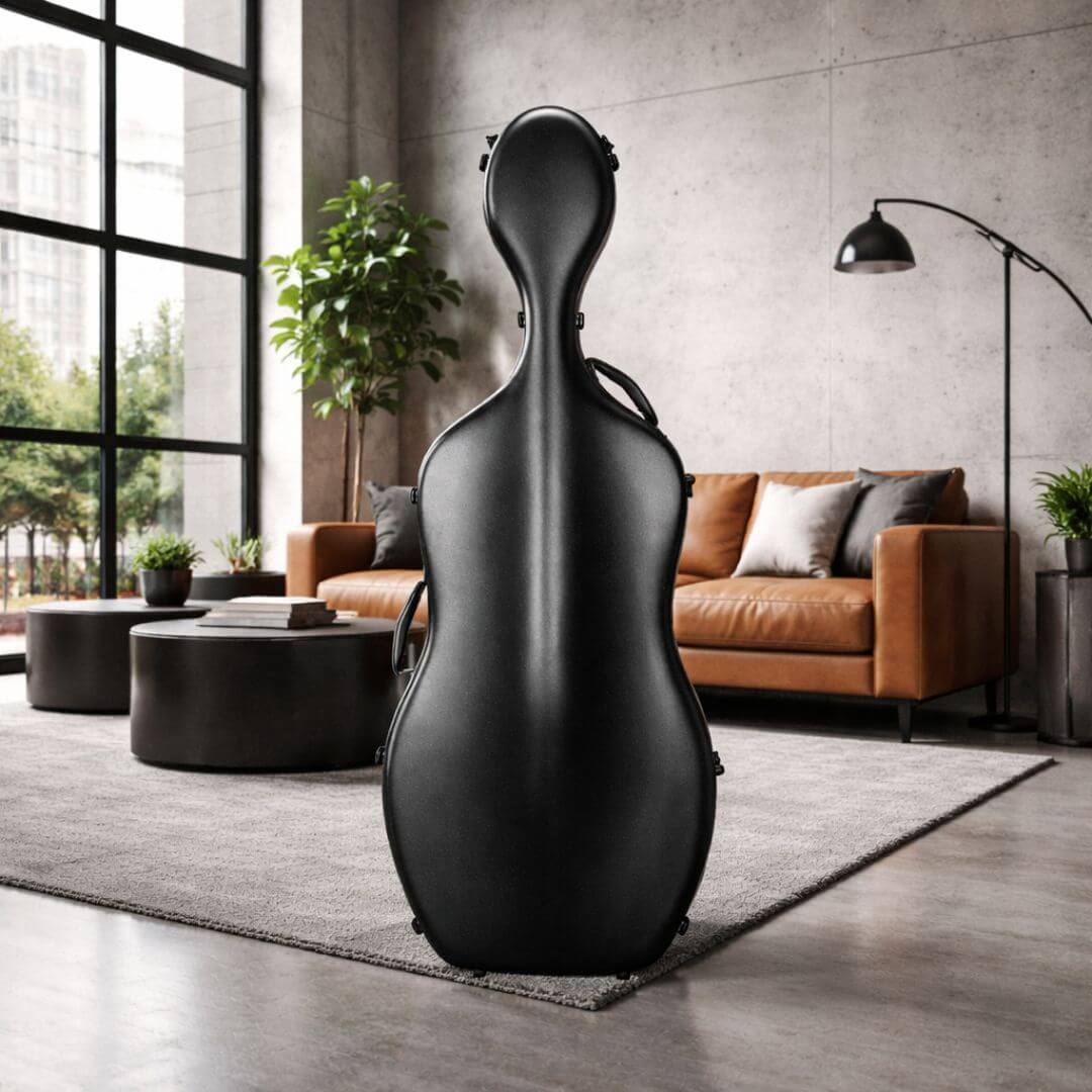 A black cello case stands upright on a rug in a modern living room.