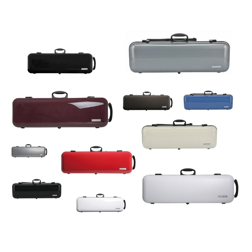 Various colored rectangular instrument cases on a white background.
